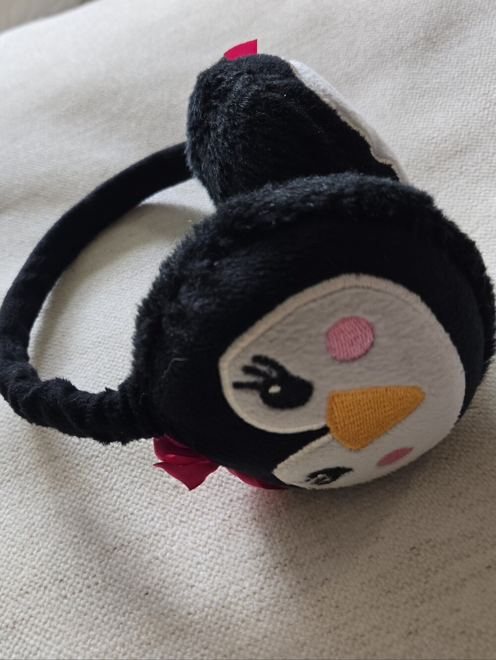 Penguin Plush Earmuffs - Black with Pink Accents